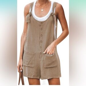 Yeokou Womens Casual Summer Cotton Linen Romper Overalls khaki color size medium